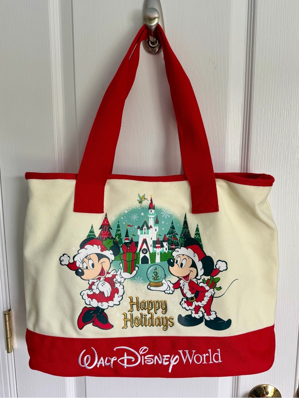 Like New Embroidered Disney Cream and Red Holiday Mickey & Minnie Tote